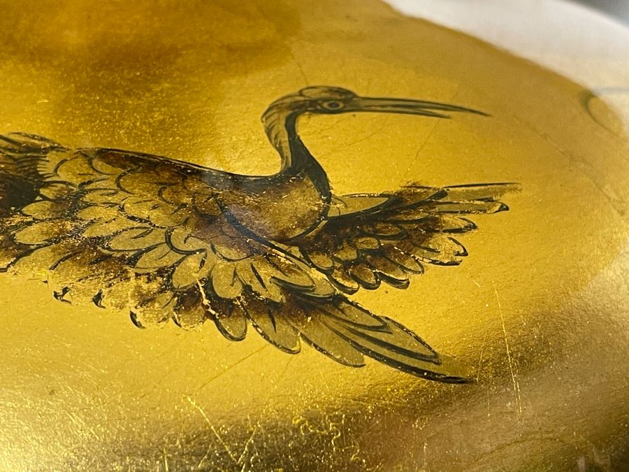 Gold Tone Asian Table Lamp Featuring Cranes And Wooden Stand 19'H [Photo 13]