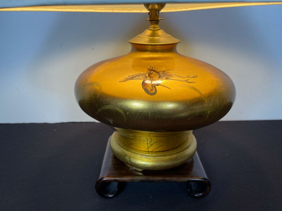Gold Tone Asian Table Lamp Featuring Cranes And Wooden Stand 19'H [Photo 3]