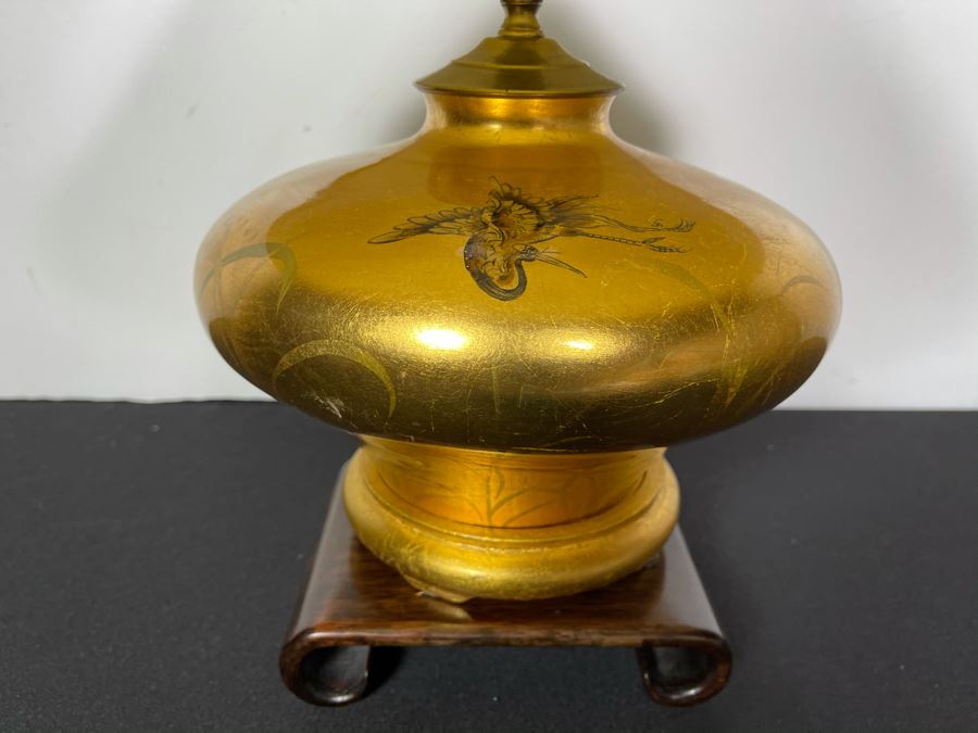 Gold Tone Asian Table Lamp Featuring Cranes And Wooden Stand 19'H [Photo 6]