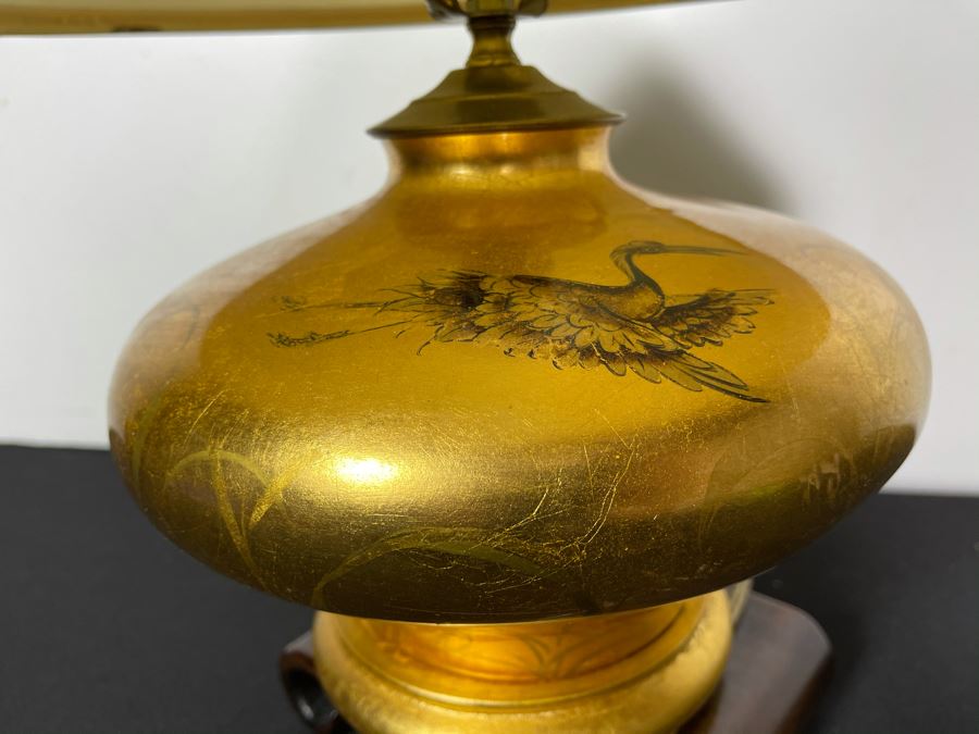Gold Tone Asian Table Lamp Featuring Cranes And Wooden Stand 19'H [Photo 11]
