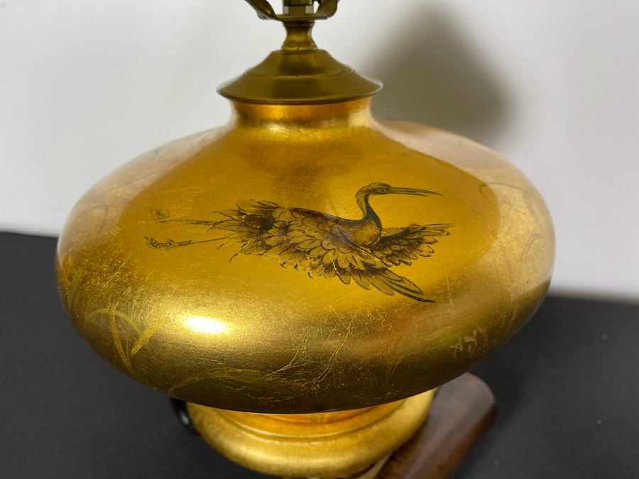 Gold Tone Asian Table Lamp Featuring Cranes And Wooden Stand 19'H [Photo 12]