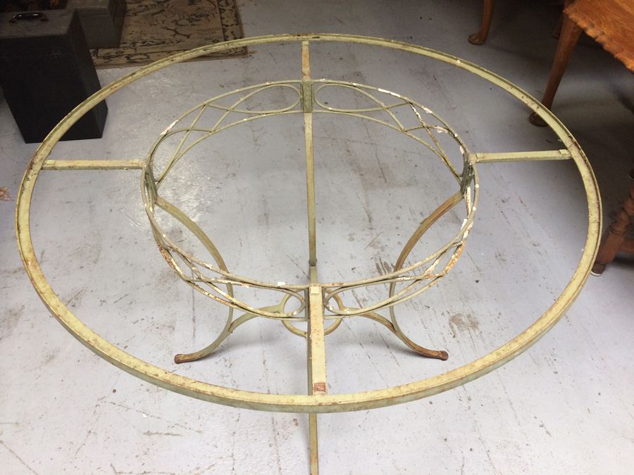 Green Wrought Iron Outdoor Circular Patio Table with Wooden Top [Photo 6]