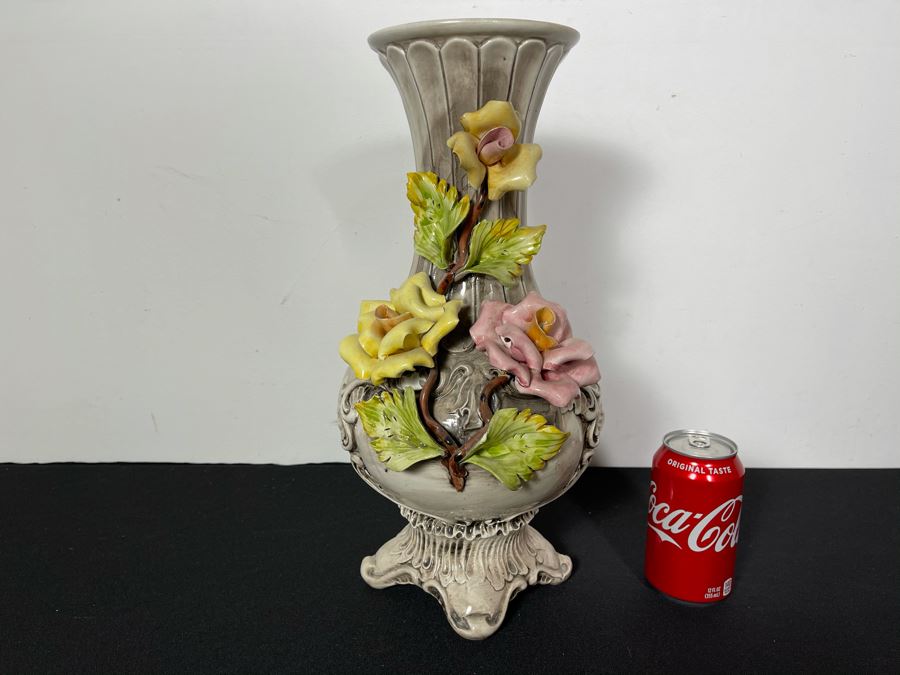 Signed Handmade Capodimonte Floral Relief Vase Made In Italy 16'H [Photo 2]