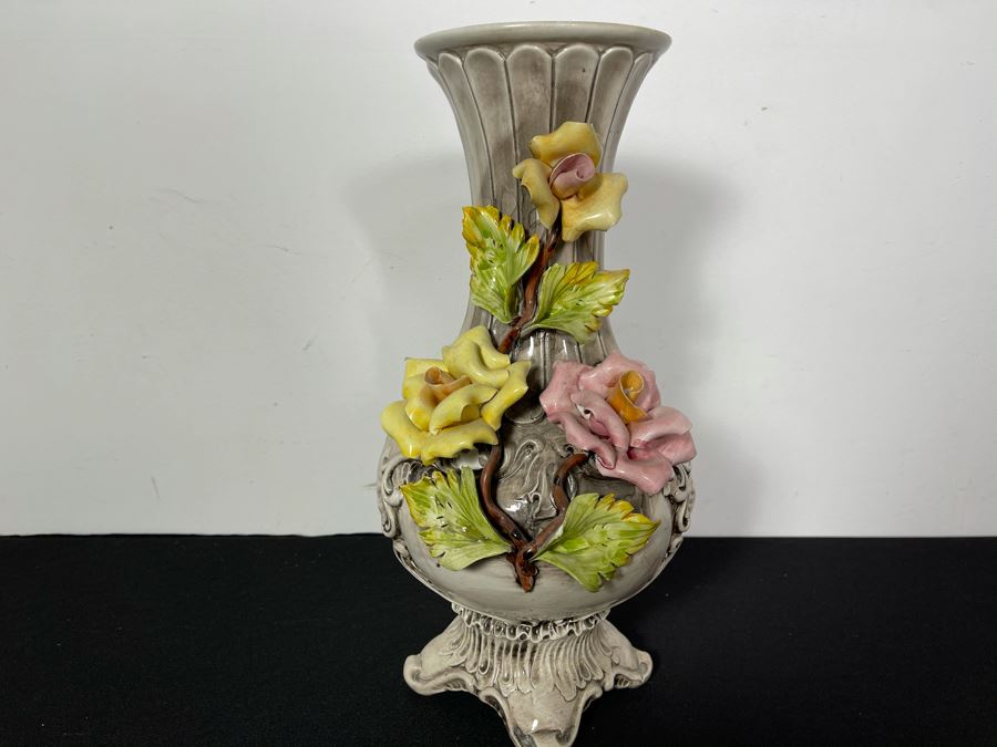 Signed Handmade Capodimonte Floral Relief Vase Made In Italy 16'H