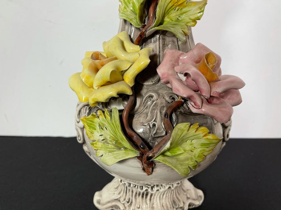 Signed Handmade Capodimonte Floral Relief Vase Made In Italy 16'H [Photo 4]