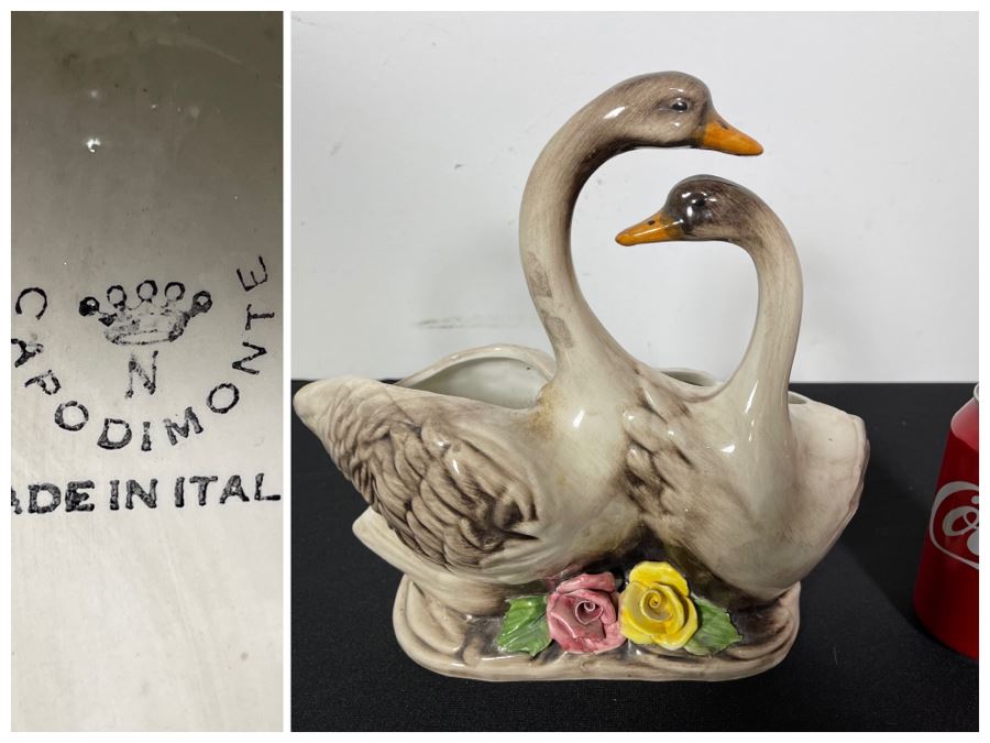 Signed Handmade Capodimonte Swans Planter Floral Relief Made In Italy 10'W X 6'D X 10'H [Photo 1]