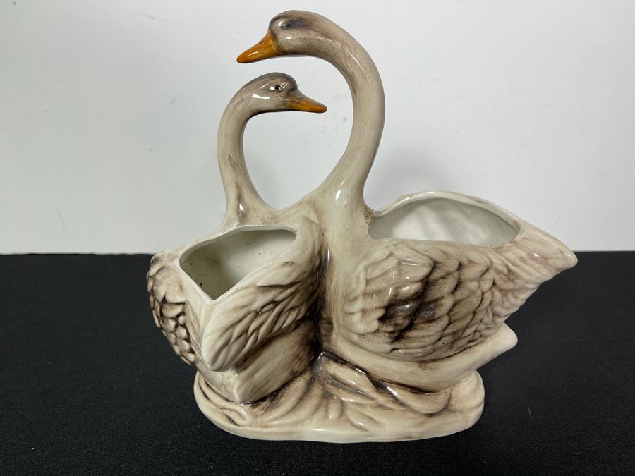 Signed Handmade Capodimonte Swans Planter Floral Relief Made In Italy 10'W X 6'D X 10'H [Photo 5]