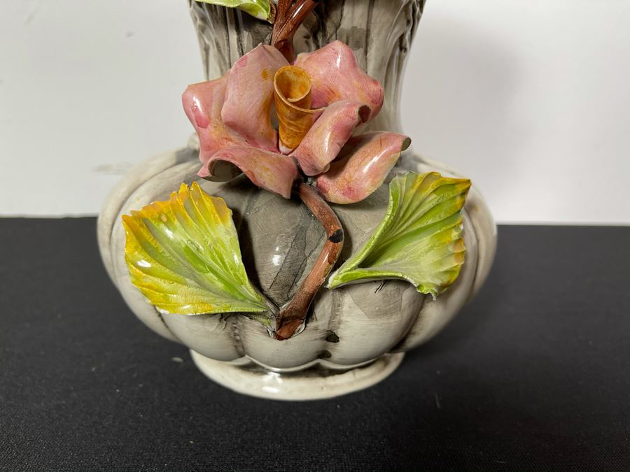 Signed Handmade Capodimonte Floral Relief Vase Made In Italy 11'H [Photo 5]