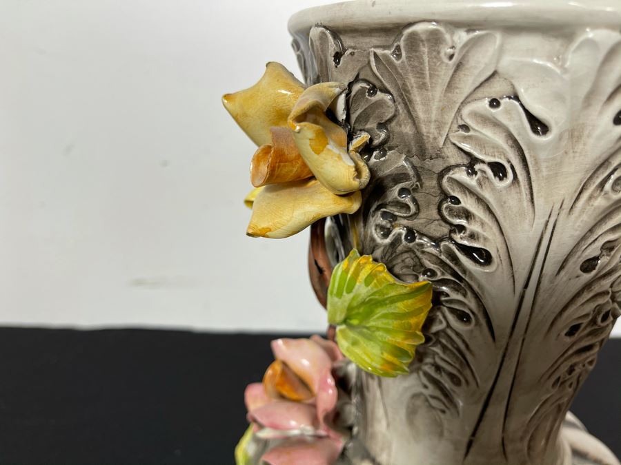Signed Handmade Capodimonte Floral Relief Vase Made In Italy 11'H [Photo 10]