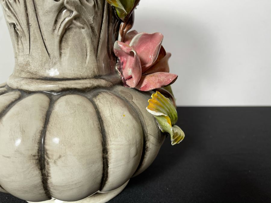 Signed Handmade Capodimonte Floral Relief Vase Made In Italy 11'H [Photo 6]