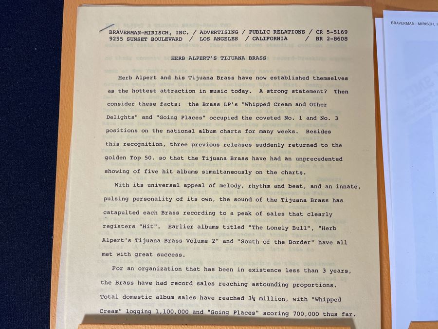 Herb Alpert And The Tijuana Brass Band Press Release Package With B&W Band Photos Ephemera [Photo 5]