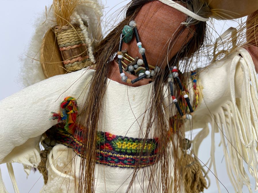 Vintage Native American Doll With Turquoise Jewelry, Papoose And Driftwood Base 16H [Photo 6]