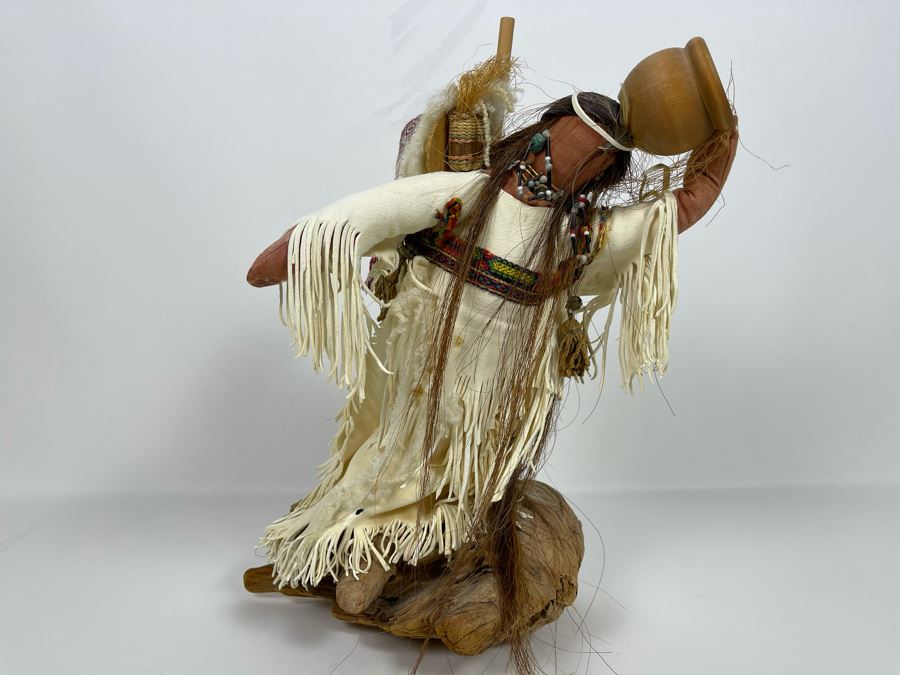 Vintage Native American Doll With Turquoise Jewelry, Papoose And Driftwood Base 16H [Photo 5]