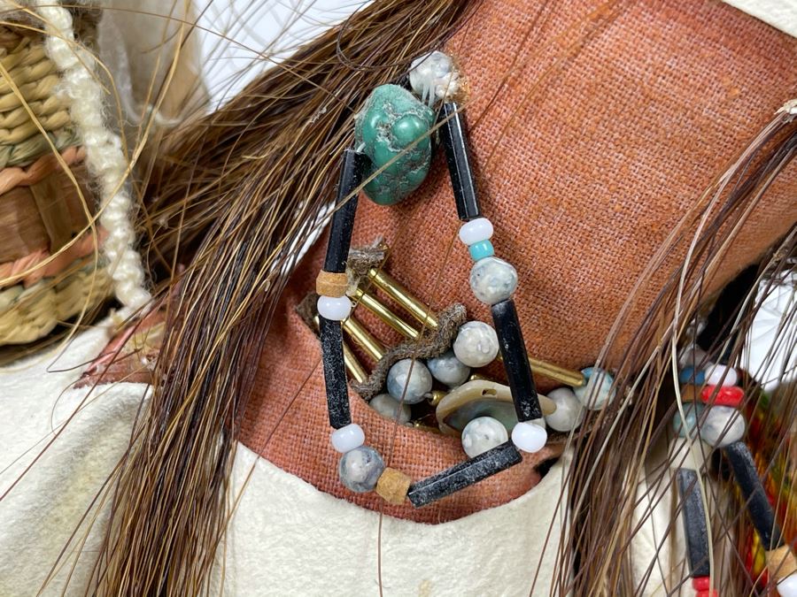 Vintage Native American Doll With Turquoise Jewelry, Papoose And Driftwood Base 16H [Photo 2]