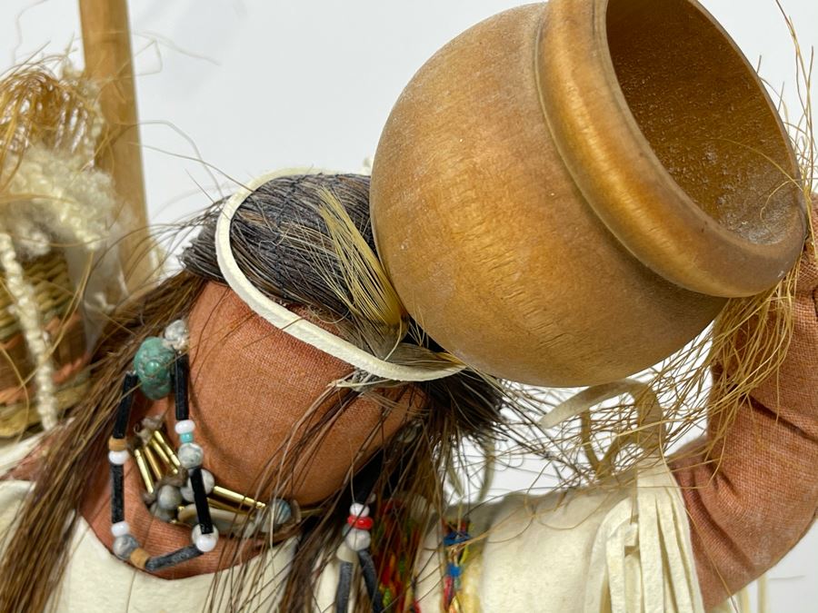 Vintage Native American Doll With Turquoise Jewelry, Papoose And Driftwood Base 16H [Photo 9]