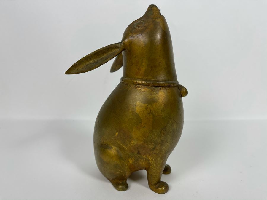 Gilded Bronze Metal Chinese Sculpture Of Dog With Bell 5W X 9H