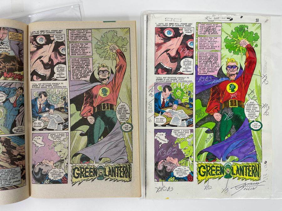 Signed Anthony Tollin Comic Book Inker Colorist Original Green Lantern Comic Book Color Sheet Page WITH Comic Book DC Secret Origins #18 Starring The Golden Age Green Lantern And The Creeper [Photo 2]