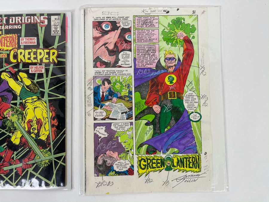 Signed Anthony Tollin Comic Book Inker Colorist Original Green Lantern Comic Book Color Sheet Page WITH Comic Book DC Secret Origins #18 Starring The Golden Age Green Lantern And The Creeper [Photo 4]