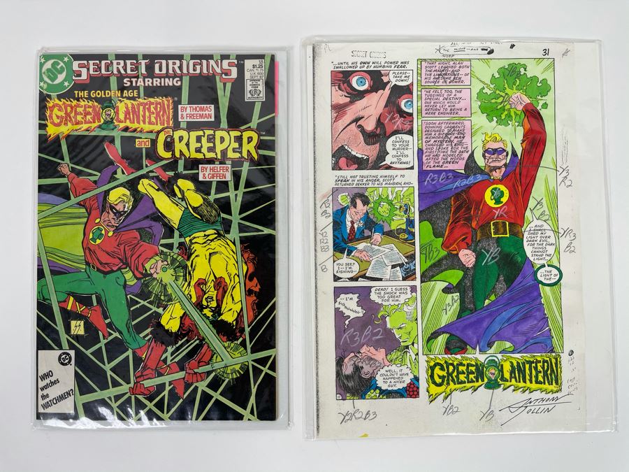 Signed Anthony Tollin Comic Book Inker Colorist Original Green Lantern Comic Book Color Sheet Page WITH Comic Book DC Secret Origins #18 Starring The Golden Age Green Lantern And The Creeper [Photo 3]