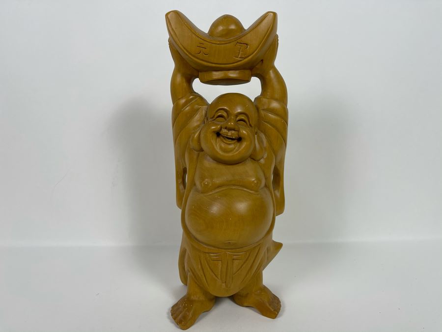 Carved Wooden Laughing Buddha Statue 12H