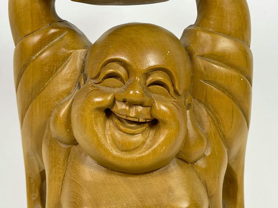 Carved Wooden Laughing Buddha Statue 12H [Photo 5]