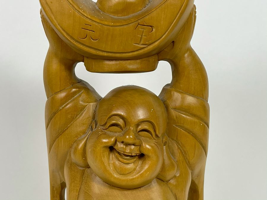 Carved Wooden Laughing Buddha Statue 12H [Photo 3]
