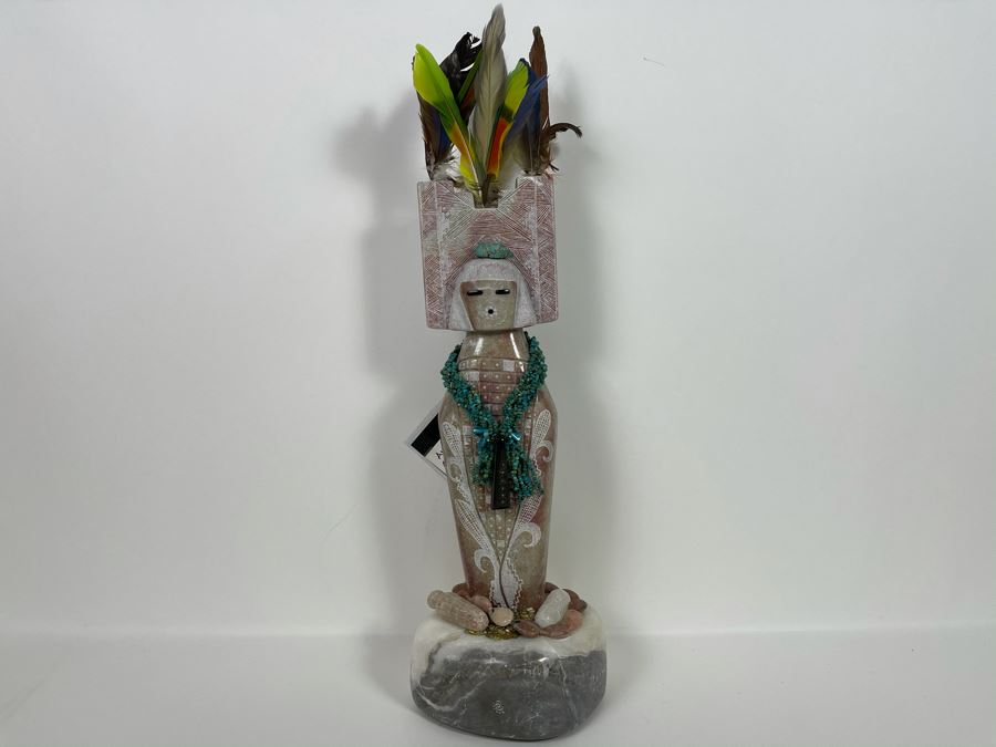 Large Original Andy Abeita Native American Pueblo Indian Tribe (Isleta Pueblo) 'Corn Maiden' Carved Stone Sculpture Bearing Turquoise Jewelry 1999 With Certificate Of Authenticity 6W X 21H [Photo 3]
