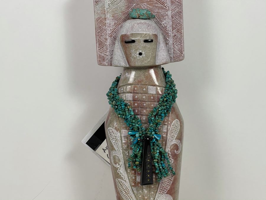 Large Original Andy Abeita Native American Pueblo Indian Tribe (Isleta Pueblo) 'Corn Maiden' Carved Stone Sculpture Bearing Turquoise Jewelry 1999 With Certificate Of Authenticity 6W X 21H [Photo 5]