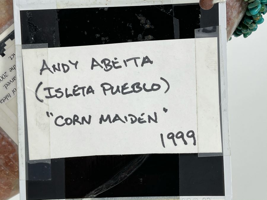 Large Original Andy Abeita Native American Pueblo Indian Tribe (Isleta Pueblo) 'Corn Maiden' Carved Stone Sculpture Bearing Turquoise Jewelry 1999 With Certificate Of Authenticity 6W X 21H [Photo 19]