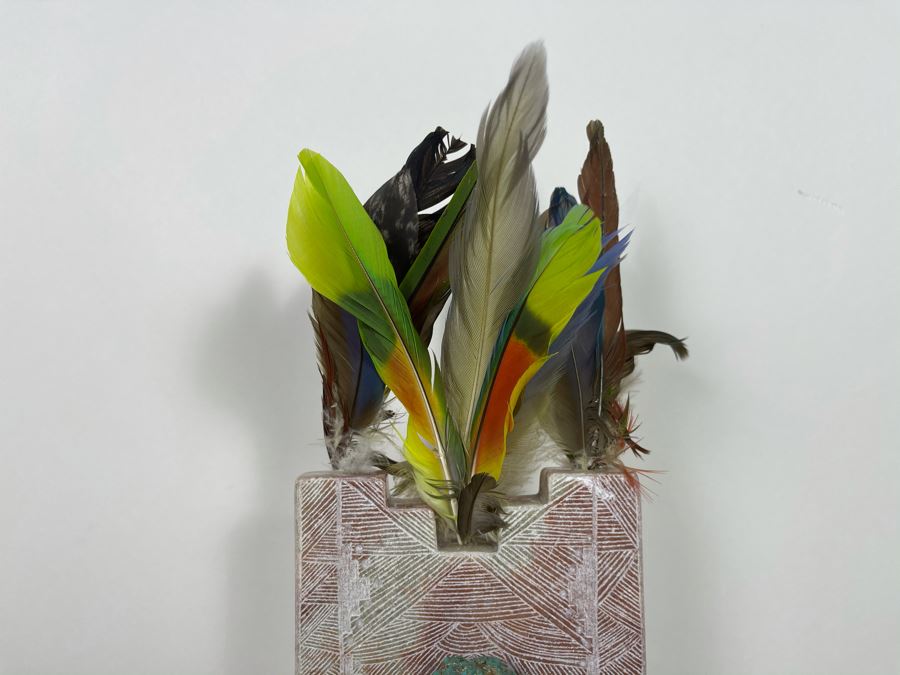 Large Original Andy Abeita Native American Pueblo Indian Tribe (Isleta Pueblo) 'Corn Maiden' Carved Stone Sculpture Bearing Turquoise Jewelry 1999 With Certificate Of Authenticity 6W X 21H [Photo 14]