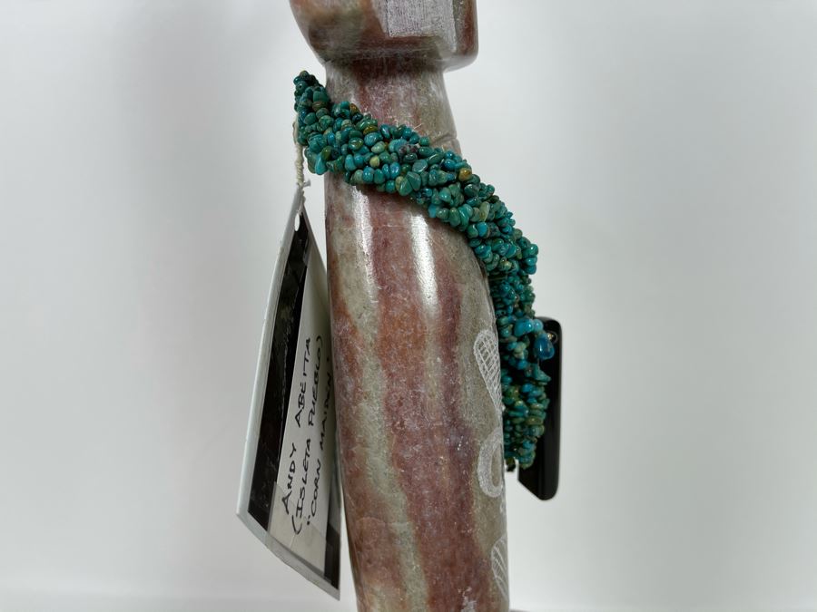 Large Original Andy Abeita Native American Pueblo Indian Tribe (Isleta Pueblo) 'Corn Maiden' Carved Stone Sculpture Bearing Turquoise Jewelry 1999 With Certificate Of Authenticity 6W X 21H [Photo 16]