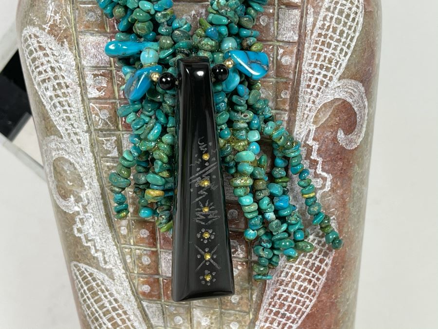 Large Original Andy Abeita Native American Pueblo Indian Tribe (Isleta Pueblo) 'Corn Maiden' Carved Stone Sculpture Bearing Turquoise Jewelry 1999 With Certificate Of Authenticity 6W X 21H [Photo 9]