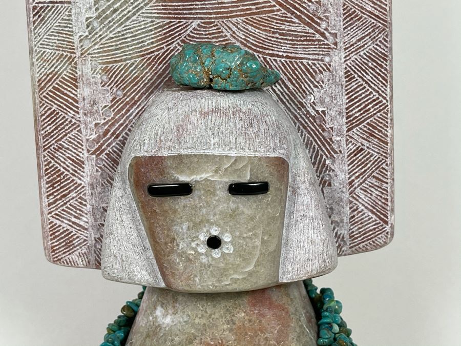Large Original Andy Abeita Native American Pueblo Indian Tribe (Isleta Pueblo) 'Corn Maiden' Carved Stone Sculpture Bearing Turquoise Jewelry 1999 With Certificate Of Authenticity 6W X 21H [Photo 6]