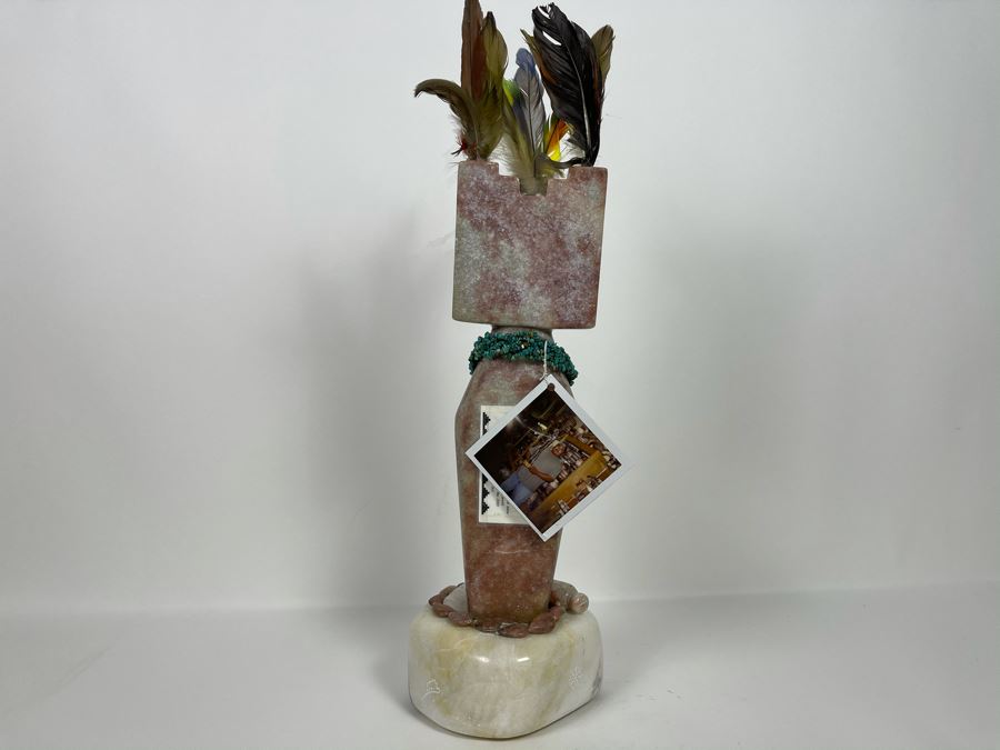 Large Original Andy Abeita Native American Pueblo Indian Tribe (Isleta Pueblo) 'Corn Maiden' Carved Stone Sculpture Bearing Turquoise Jewelry 1999 With Certificate Of Authenticity 6W X 21H [Photo 17]