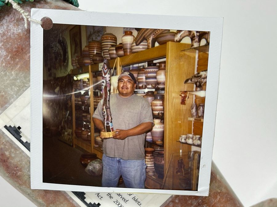 Large Original Andy Abeita Native American Pueblo Indian Tribe (Isleta Pueblo) 'Corn Maiden' Carved Stone Sculpture Bearing Turquoise Jewelry 1999 With Certificate Of Authenticity 6W X 21H [Photo 18]