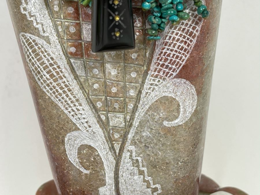 Large Original Andy Abeita Native American Pueblo Indian Tribe (Isleta Pueblo) 'Corn Maiden' Carved Stone Sculpture Bearing Turquoise Jewelry 1999 With Certificate Of Authenticity 6W X 21H [Photo 11]