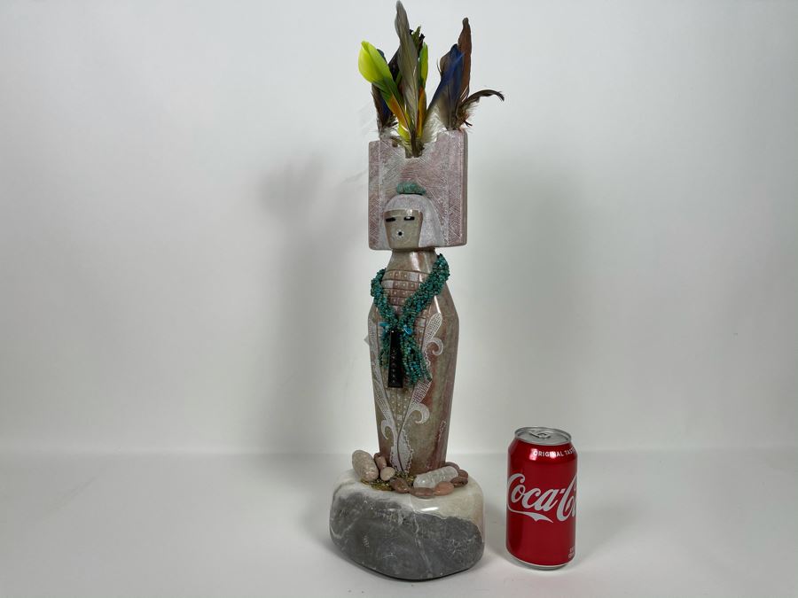 Large Original Andy Abeita Native American Pueblo Indian Tribe (Isleta Pueblo) 'Corn Maiden' Carved Stone Sculpture Bearing Turquoise Jewelry 1999 With Certificate Of Authenticity 6W X 21H [Photo 26]