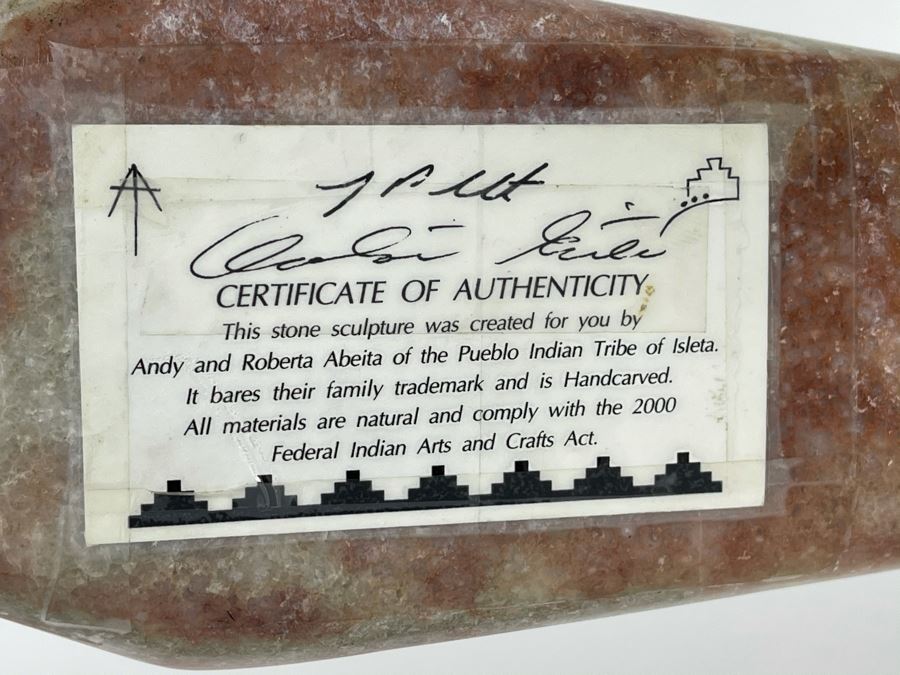Large Original Andy Abeita Native American Pueblo Indian Tribe (Isleta Pueblo) 'Corn Maiden' Carved Stone Sculpture Bearing Turquoise Jewelry 1999 With Certificate Of Authenticity 6W X 21H [Photo 21]