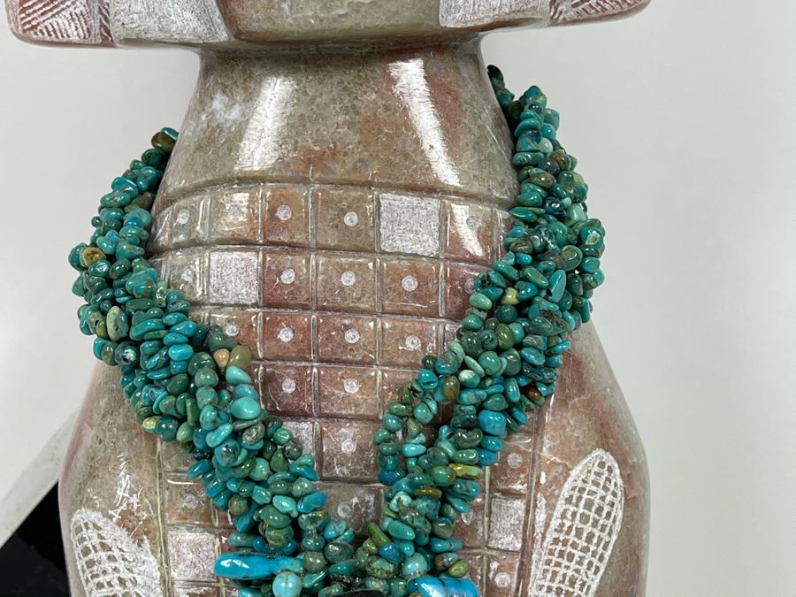 Large Original Andy Abeita Native American Pueblo Indian Tribe (Isleta Pueblo) 'Corn Maiden' Carved Stone Sculpture Bearing Turquoise Jewelry 1999 With Certificate Of Authenticity 6W X 21H [Photo 10]