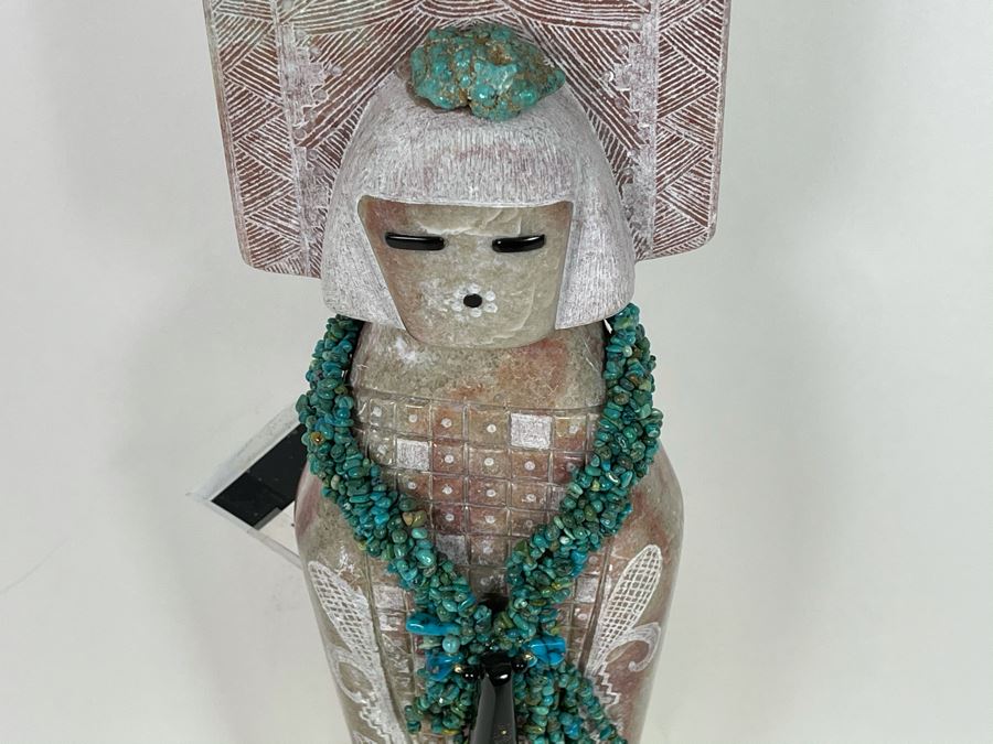 Large Original Andy Abeita Native American Pueblo Indian Tribe (Isleta Pueblo) 'Corn Maiden' Carved Stone Sculpture Bearing Turquoise Jewelry 1999 With Certificate Of Authenticity 6W X 21H [Photo 7]