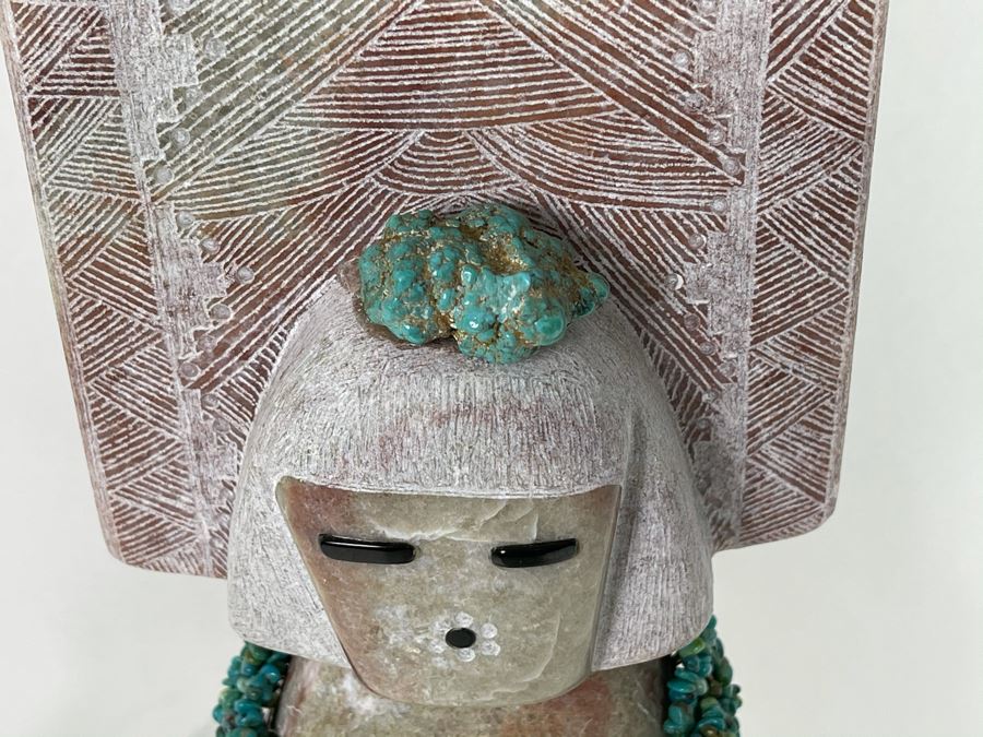 Large Original Andy Abeita Native American Pueblo Indian Tribe (Isleta Pueblo) 'Corn Maiden' Carved Stone Sculpture Bearing Turquoise Jewelry 1999 With Certificate Of Authenticity 6W X 21H [Photo 8]