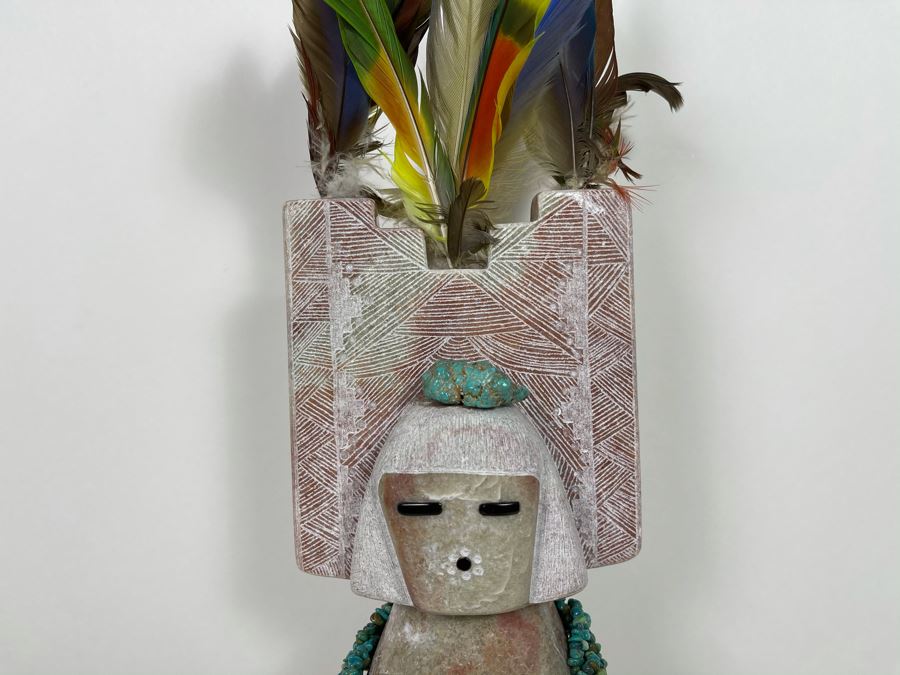 Large Original Andy Abeita Native American Pueblo Indian Tribe (Isleta Pueblo) 'Corn Maiden' Carved Stone Sculpture Bearing Turquoise Jewelry 1999 With Certificate Of Authenticity 6W X 21H [Photo 13]