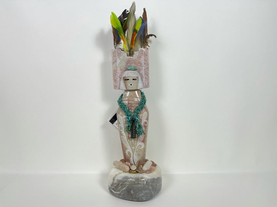 Large Original Andy Abeita Native American Pueblo Indian Tribe (Isleta Pueblo) 'Corn Maiden' Carved Stone Sculpture Bearing Turquoise Jewelry 1999 With Certificate Of Authenticity 6W X 21H [Photo 2]