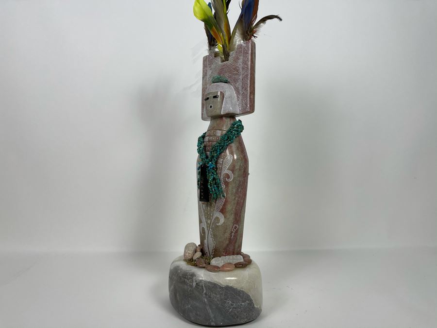 Large Original Andy Abeita Native American Pueblo Indian Tribe (Isleta Pueblo) 'Corn Maiden' Carved Stone Sculpture Bearing Turquoise Jewelry 1999 With Certificate Of Authenticity 6W X 21H [Photo 24]