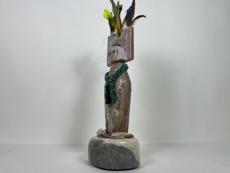 Large Original Andy Abeita Native American Pueblo Indian Tribe (Isleta Pueblo) 'Corn Maiden' Carved Stone Sculpture Bearing Turquoise Jewelry 1999 With Certificate Of Authenticity 6W X 21H [Photo 25]