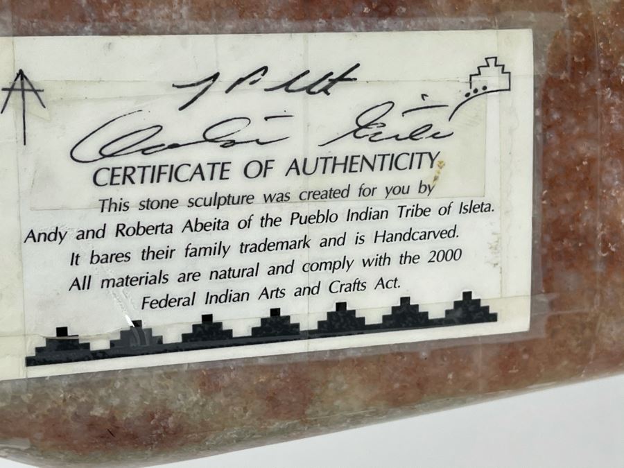 Large Original Andy Abeita Native American Pueblo Indian Tribe (Isleta Pueblo) 'Corn Maiden' Carved Stone Sculpture Bearing Turquoise Jewelry 1999 With Certificate Of Authenticity 6W X 21H [Photo 20]