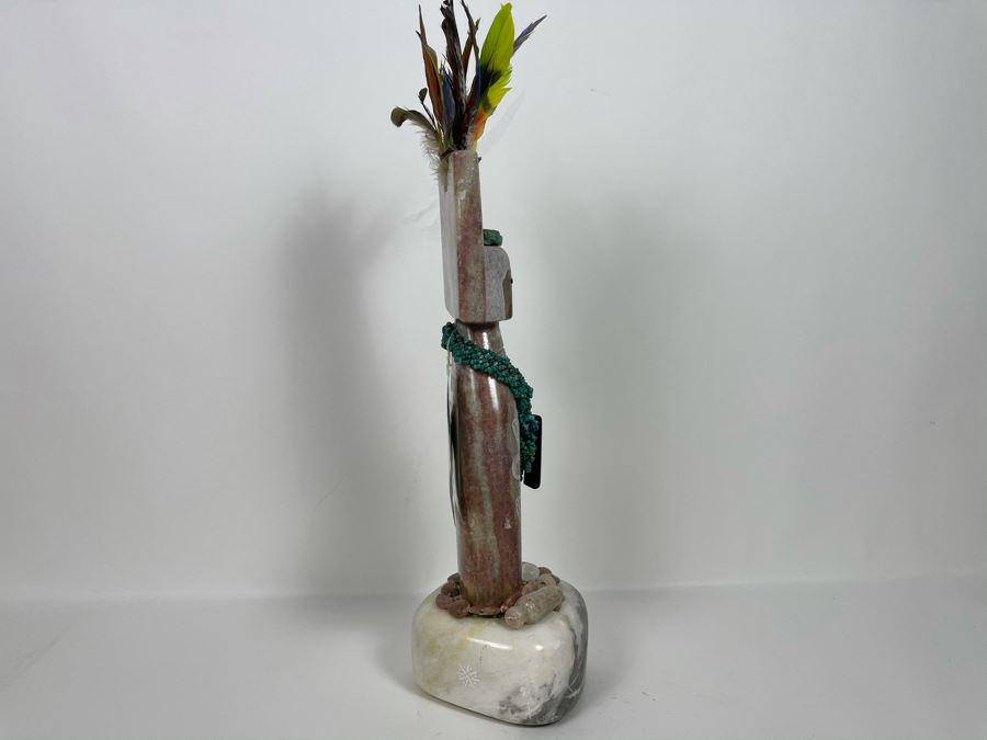 Large Original Andy Abeita Native American Pueblo Indian Tribe (Isleta Pueblo) 'Corn Maiden' Carved Stone Sculpture Bearing Turquoise Jewelry 1999 With Certificate Of Authenticity 6W X 21H [Photo 15]