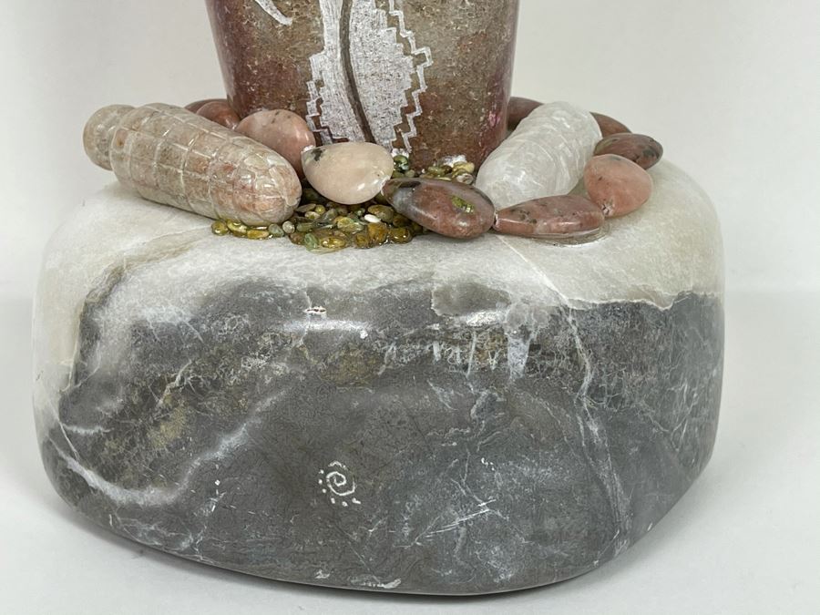 Large Original Andy Abeita Native American Pueblo Indian Tribe (Isleta Pueblo) 'Corn Maiden' Carved Stone Sculpture Bearing Turquoise Jewelry 1999 With Certificate Of Authenticity 6W X 21H [Photo 12]