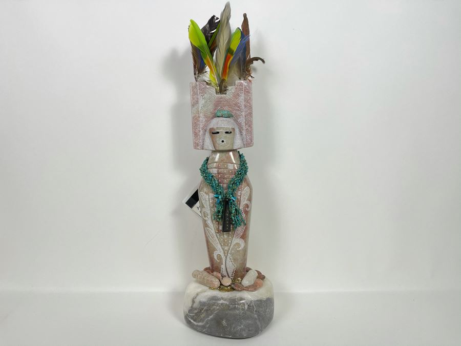 Large Original Andy Abeita Native American Pueblo Indian Tribe (Isleta Pueblo) 'Corn Maiden' Carved Stone Sculpture Bearing Turquoise Jewelry 1999 With Certificate Of Authenticity 6W X 21H [Photo 4]