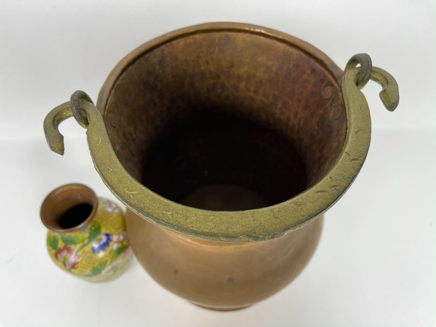 Vintage Turkish Hammered Copper Pot With Handle 9'H And Small Chinese Cloisonne Vase [Photo 3]